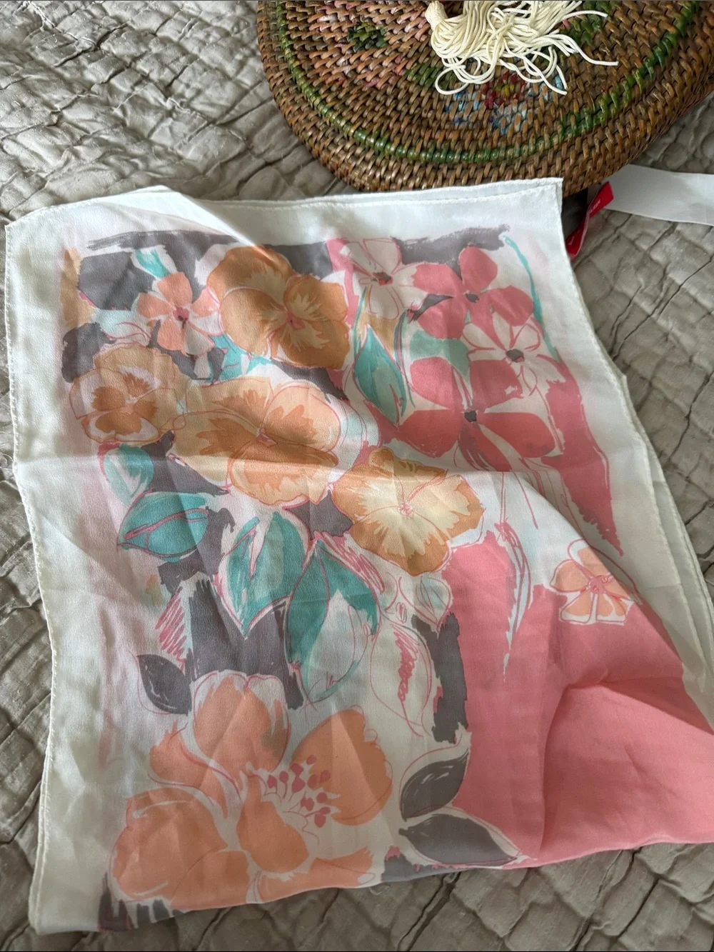 Anne Klein Coral Pink Floral Silk Scarf with Mint Accents
